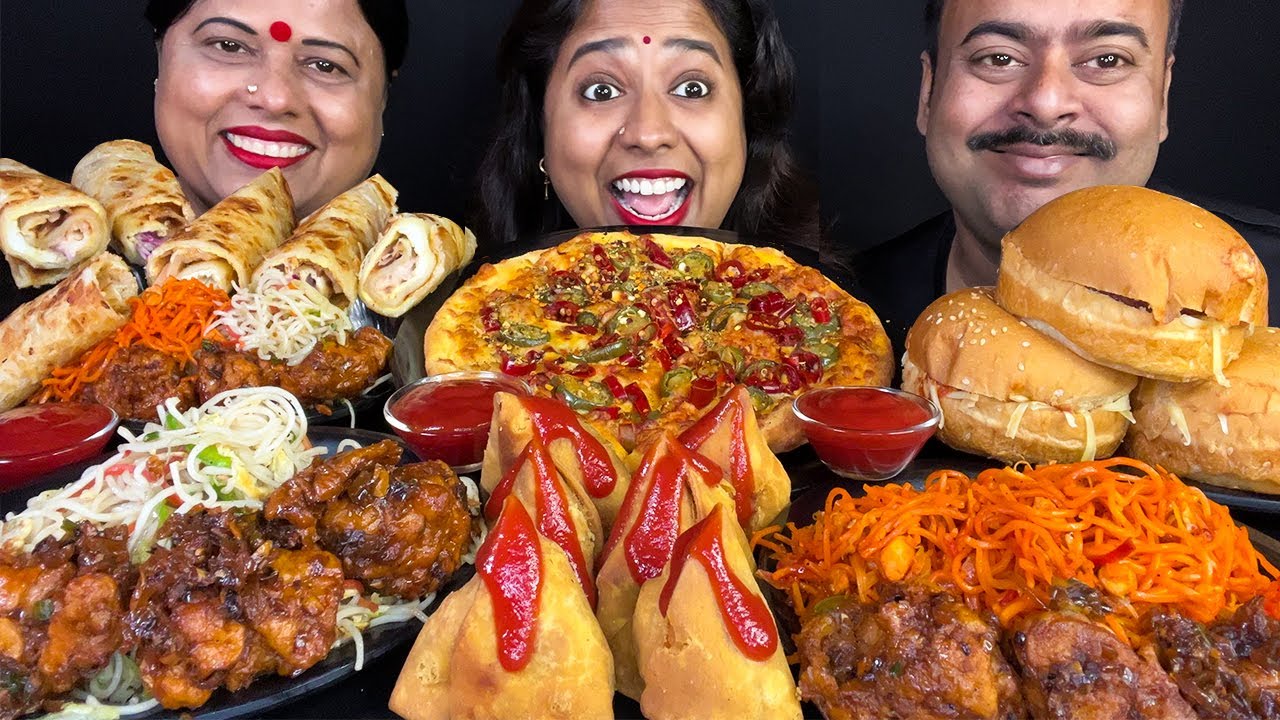 Eating Challenge😋Chowmin & Manchurian, Burger, EggRoll, Aloo Samosa, Pizza | Mukhbang Big Bites😋