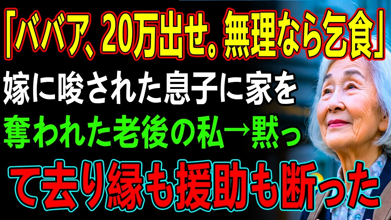 「ババア、20万出せ。無理なら乞食」嫁に唆された息子に家を奪われた老後の私→黙って去り縁も援助も断った