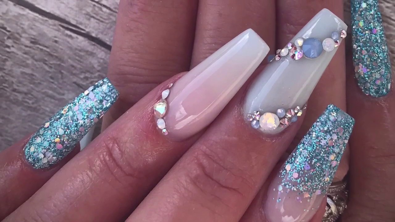 Pastel Blue Luster Acrylic Nails & Crystal Application | Nails | Not Polish