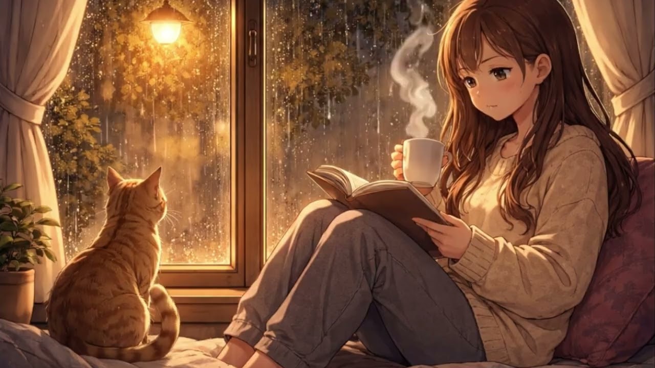 Cozy Rainy Night ☕🐱 Calm Background Music for Study, Coffee & Relax | Friday Songs