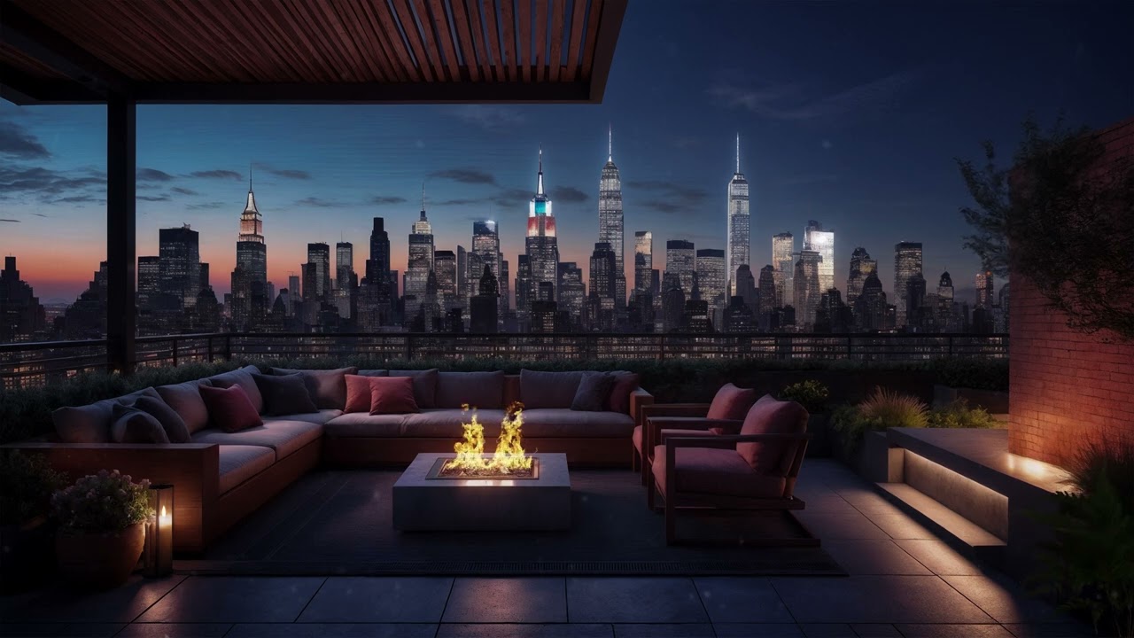 Luxury Rooftop Fireplace with Sunset City View – Relaxing Ambience for Sleep & Study