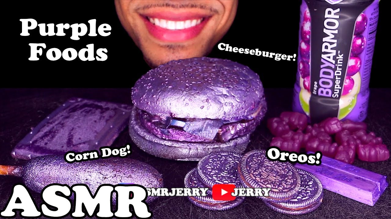 ASMR Purple Foods for 24 Hours Corn Dog Whopper Cheeseburger Oreos Drink Mukbang Jerry أرجواني