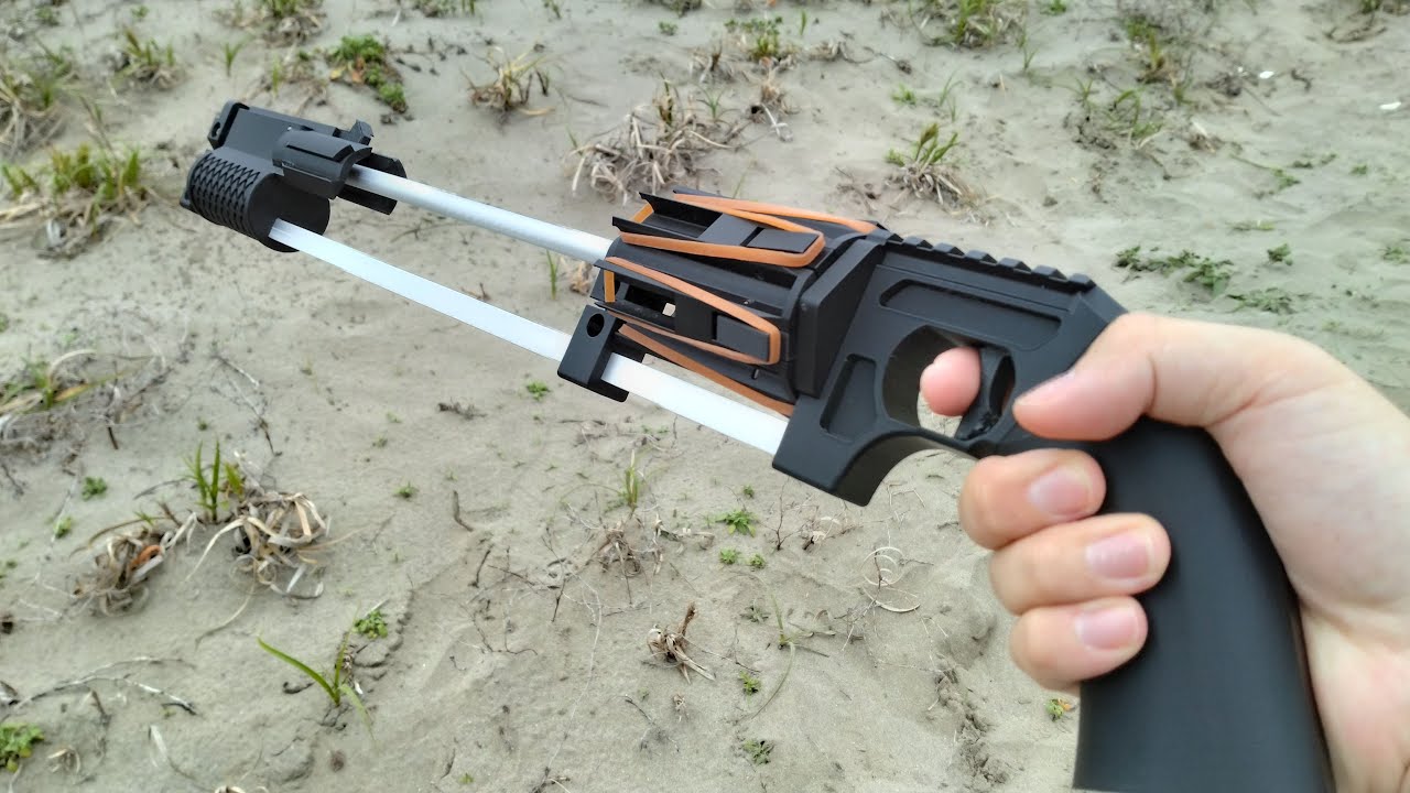 ポンプアクションゴム銃を作ってみた   Pump action revolving rubber band gun