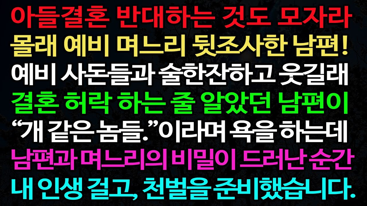 실화사연-아들결혼 반대하는 것도 모자라 몰래 예비 며느리 뒷조사한 남편! 예비 사돈들과 술한잔하고 웃길래 결혼 허락 하는 줄 알았던 남편이 /노후/사연/오디오북/인생이야기
