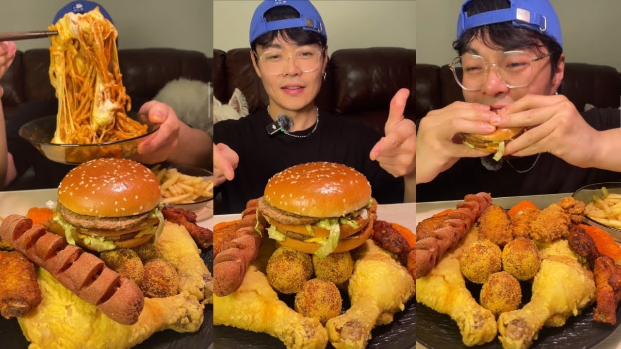 ASMR MUKBANG | Cheesy Spicy Pasta, Double Burger, Fried Chicken Leg 🍗