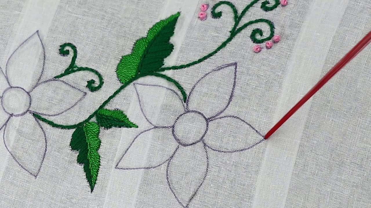 hand embroidery flower pattern with feather stitch | beads embroidery | embroidery designs