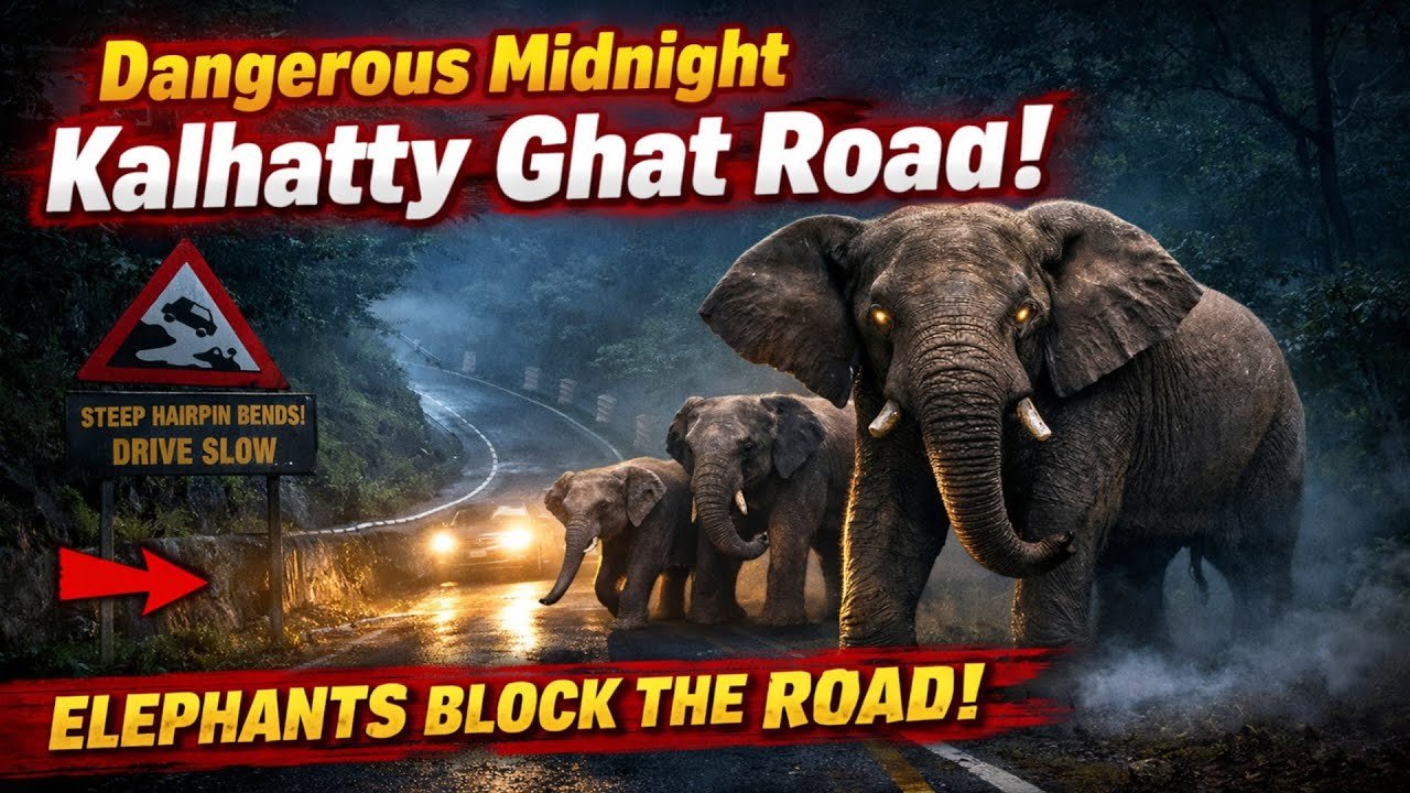  🚨 Dangerous Midnight Kalhatty Ghat Road | Elephant Group Blocks the Road 🐘🌙 | Jolly Trip 