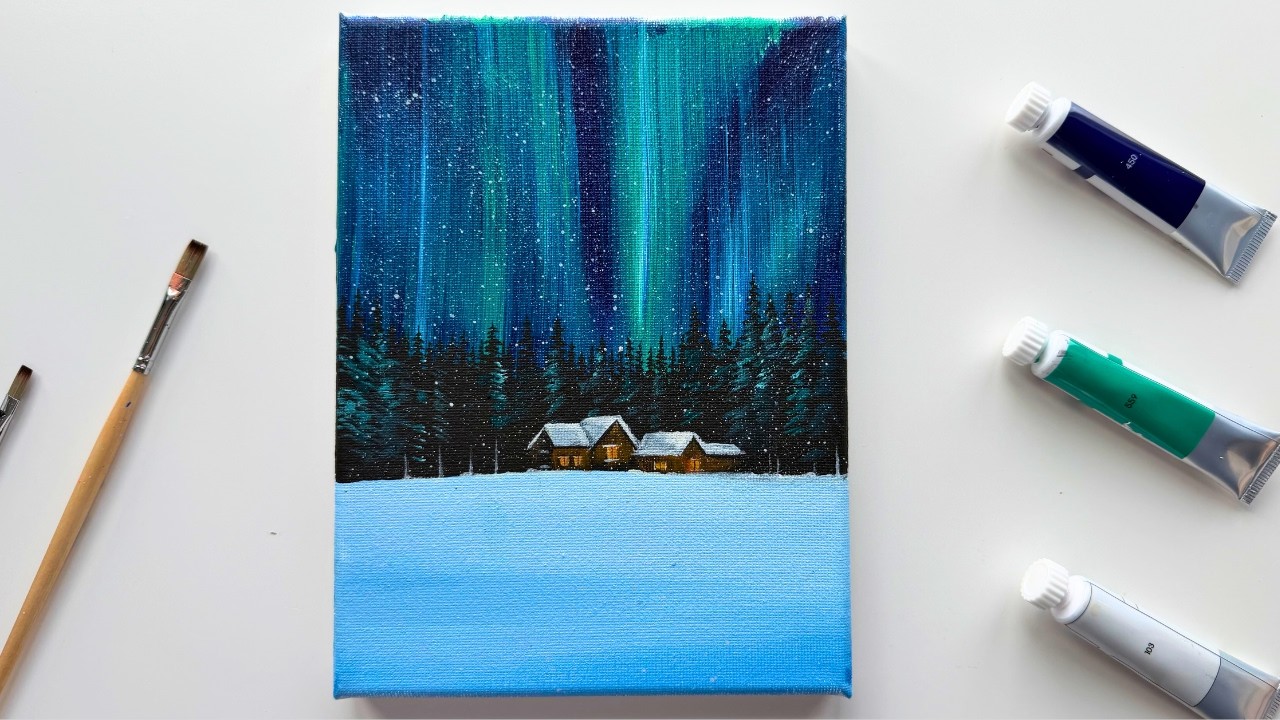 Easy Aurora Borealis Acrylic Painting Tutorial | Cozy Winter Night Cabin Scene