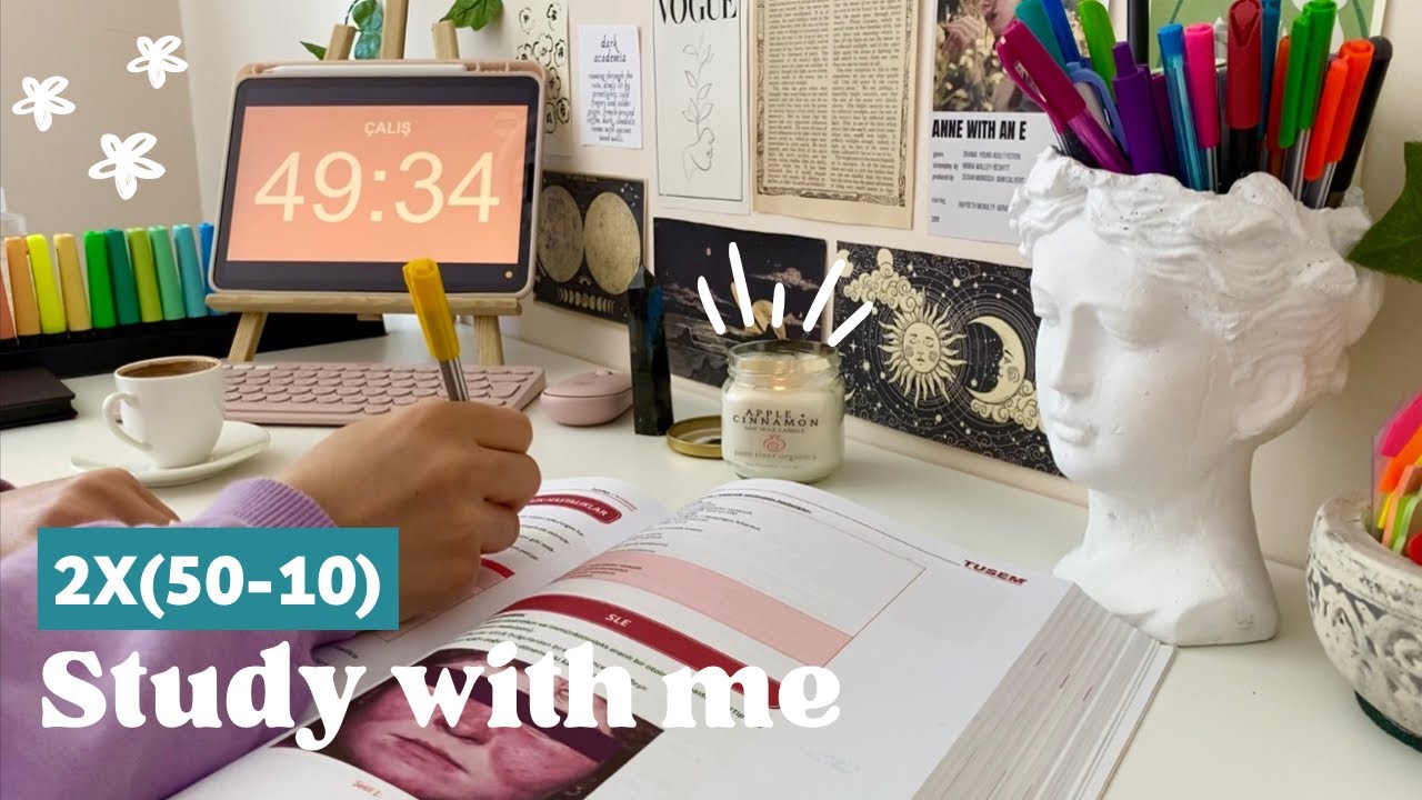 Benimle 2 saat ders çalış! 50-10-50 dk pomodoro⏰ Müziksiz, kronometreli📚 study with me 2 hrs, asmr