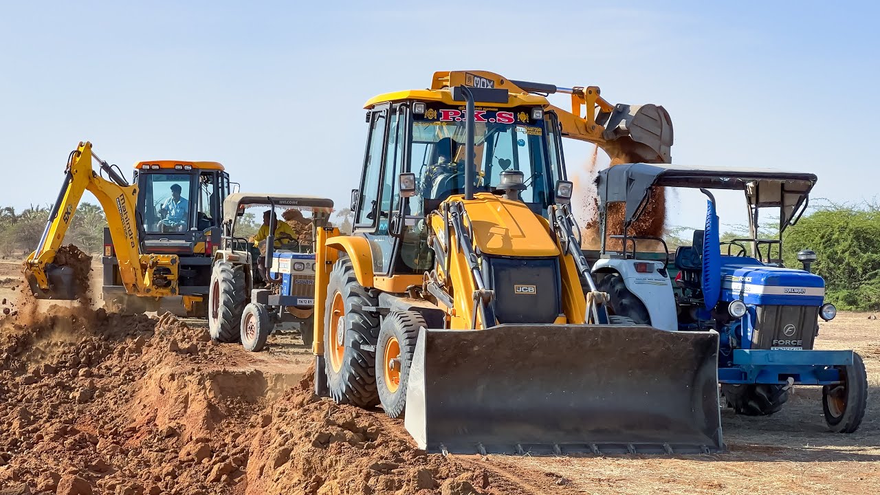 Mahindra SX and JCB 3DX Loading Mud Sonalika Mahindra Force Balwan John Deere Swaraj Tractor in Pond