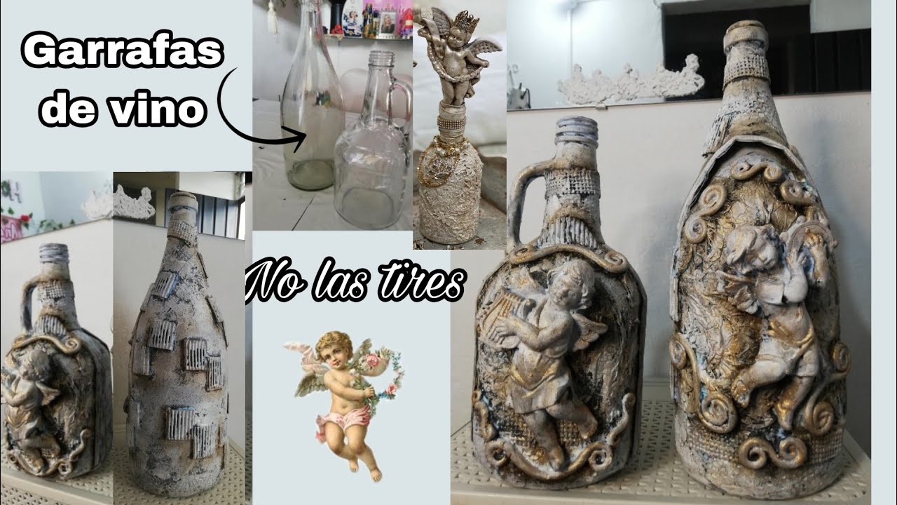 Como decorar garrafas o botellas de vino con angeles de cerámica /// botellas de  cristal decoradas