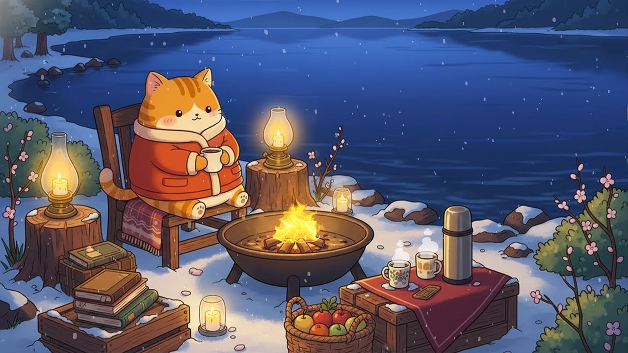 Winter Lakeside Campfire 🌌🔥 Relaxing Lofi Beats for Deep Sleep, Study & Nature Ambience