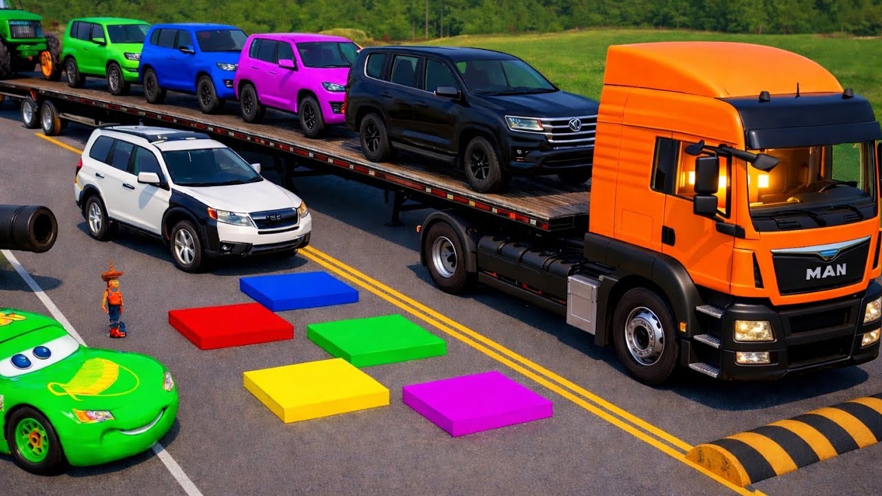 Flatbed Trailer Mcqueen Transportation with Truck | Cars vs Speedbumps vs Train | BeamNG.Drive #04