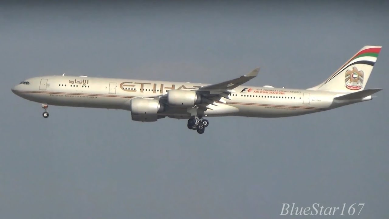 Etihad Airways Airbus A340-500 (A6-EHD) landing and taxiing at NRT/RJAA (Tokyo - Narita) RWY 34R