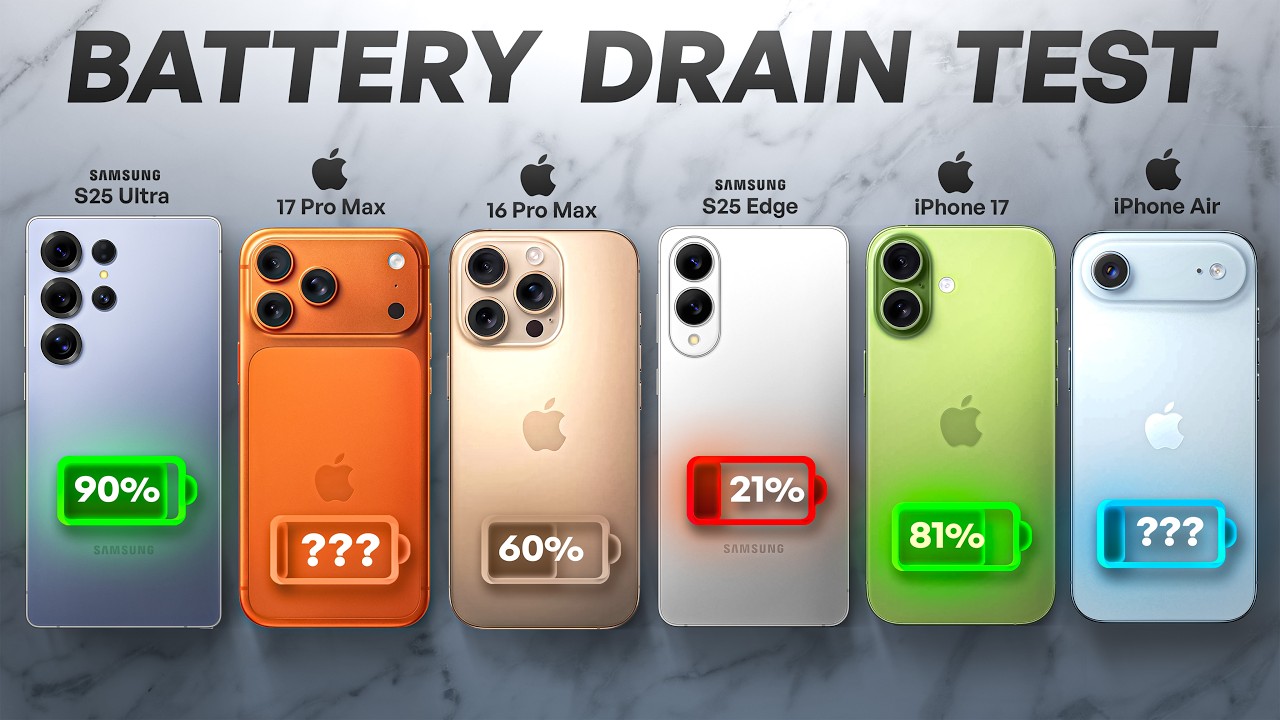 iPhone VS Samsung Battery Drain Test : iPhone 17 Pro Max, iPhone Air, Samsung S25 Ultra, S25 Edge