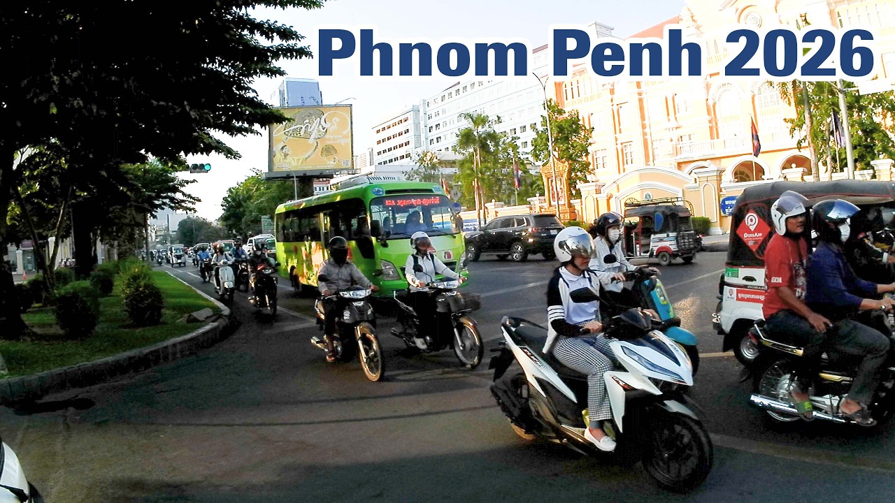 Learn about public transportation in Phnom Penh, buses, tricycles, and people in Phnom Penh 2026 4K