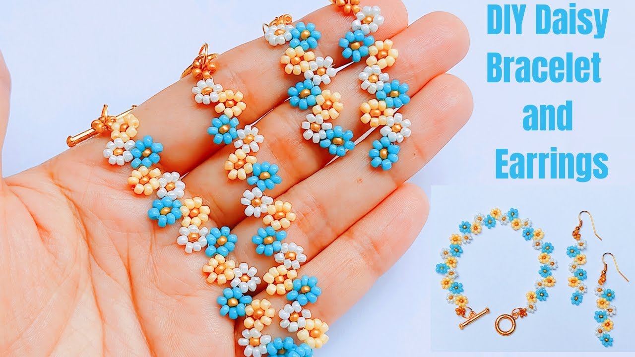 Seed Bead DAISY FLOWER Bracelet and Earrings Tutorial with Step by Step Instructions Jewellery Set