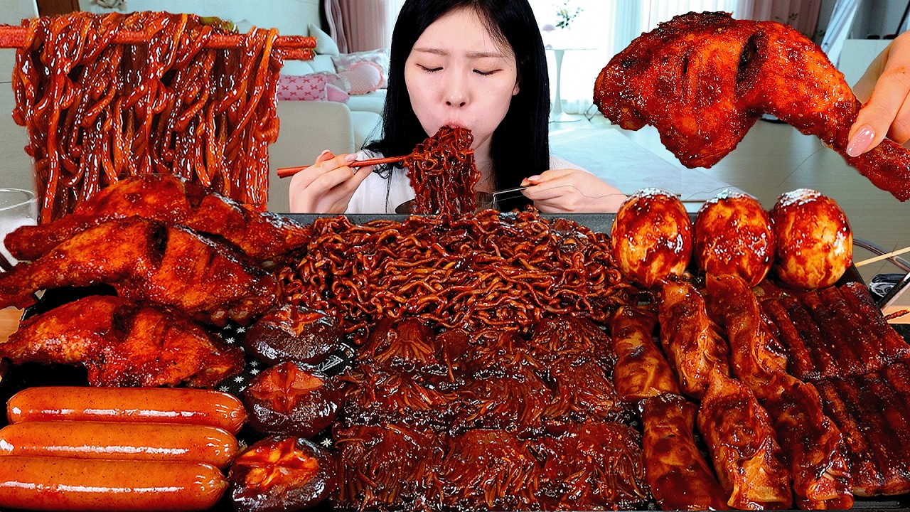 ASMR MUKBANG | Острые лапша-роллы, чили моцарелла стики и жареная курица