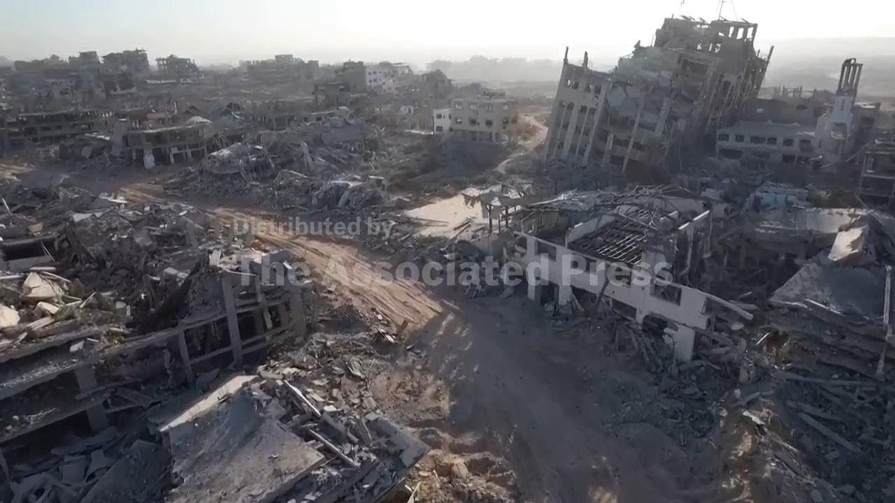 Drone footage highlights that large swathes of the Gaza Strip is in ruins