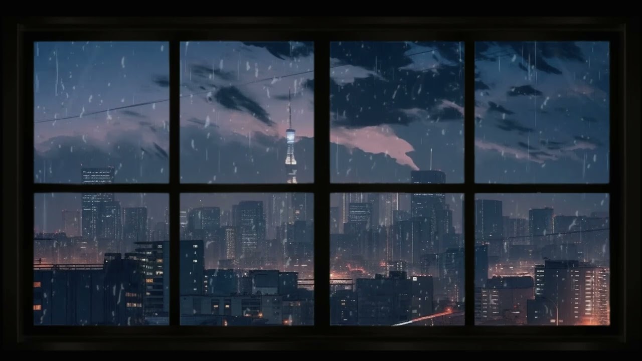 Urban Cityscape on a Rainy Night | Fake Window Anime for Projector | Soothing Rain Sounds 1hour