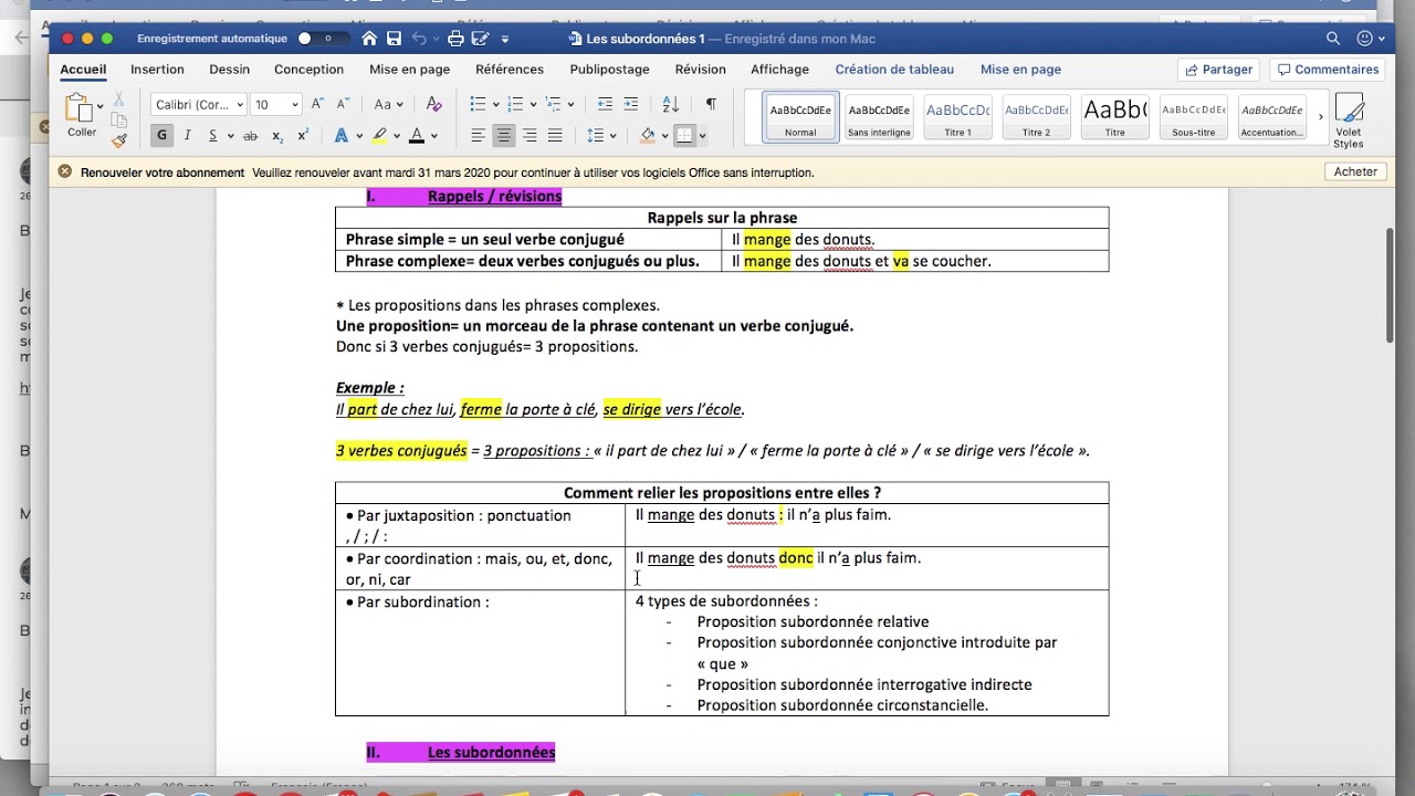 les subordonnées / 1  leçon