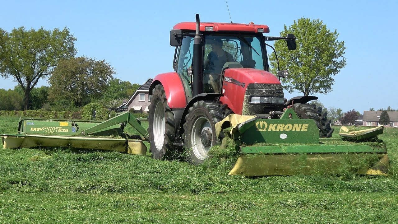 Gras maaien met Case IH Maxxum 115x en Krone front- en achtermaaier (2022)