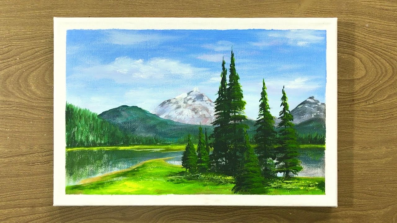 Mountains-Lake-Woods Landscape/ Draw with Baha #40/ Acrylic Painting