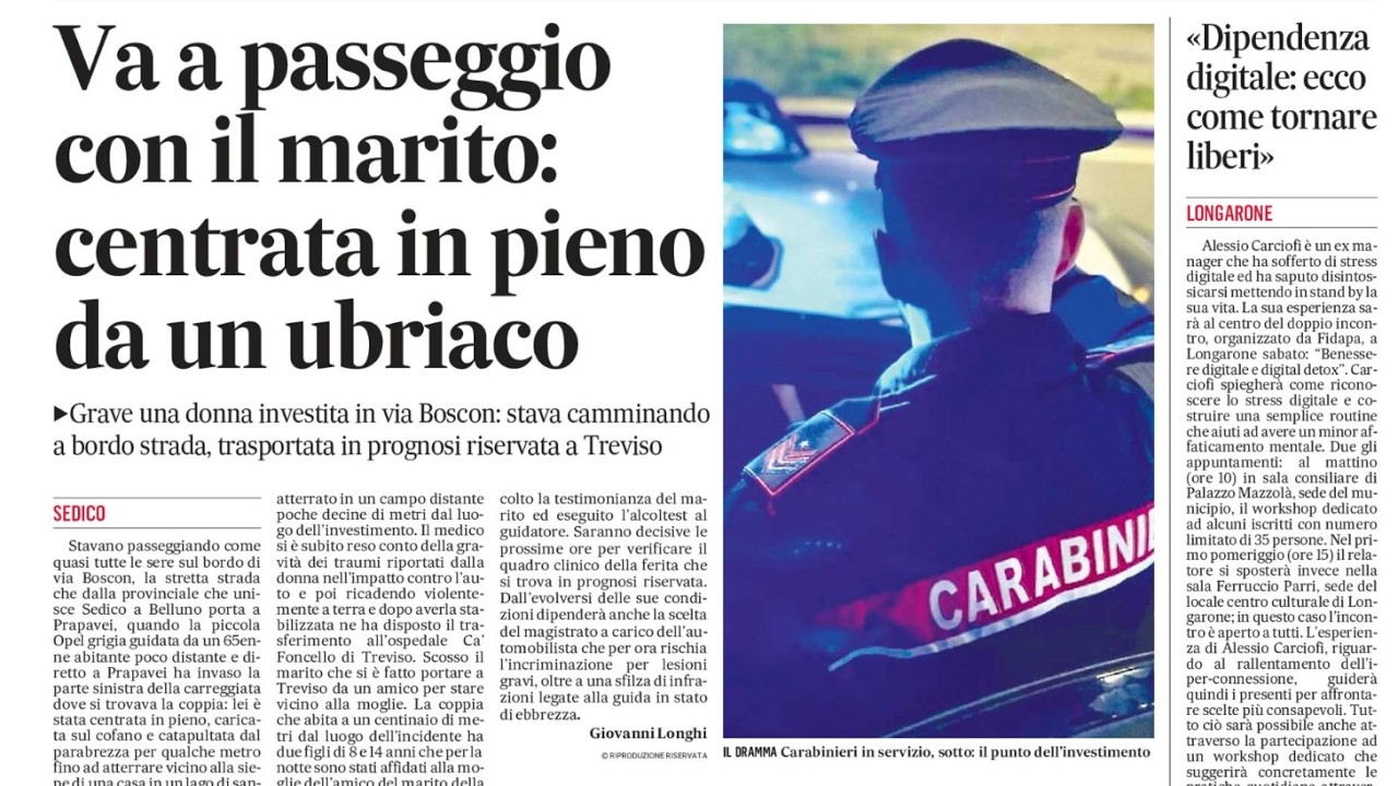 Sedico. Investita mentre passeggia: gravissima una donna