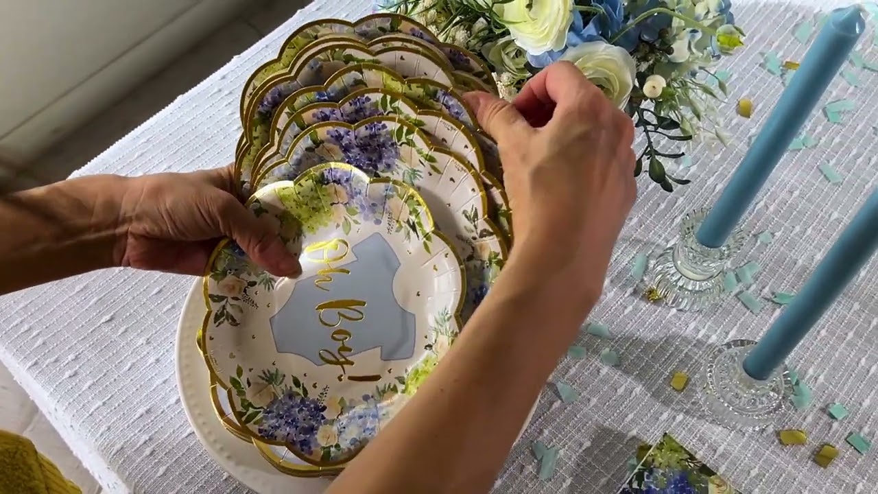 Kate Aspen Blue Floral & Gingham Baby Shower Tableware Set | Disposable Party Plates & Napkins