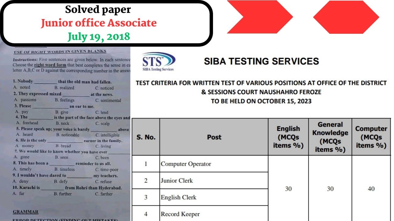 Solved Junior Office associate BPS 11| sample paper for English and Junior Clerk, Record keeper