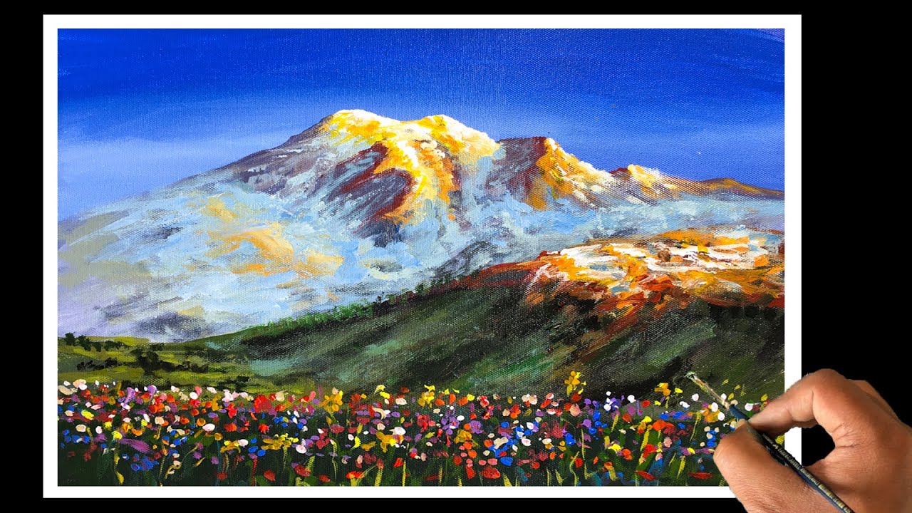 Mountain and Flowers Painting | How to Paint Mountain and Flowers in Acrylics ???