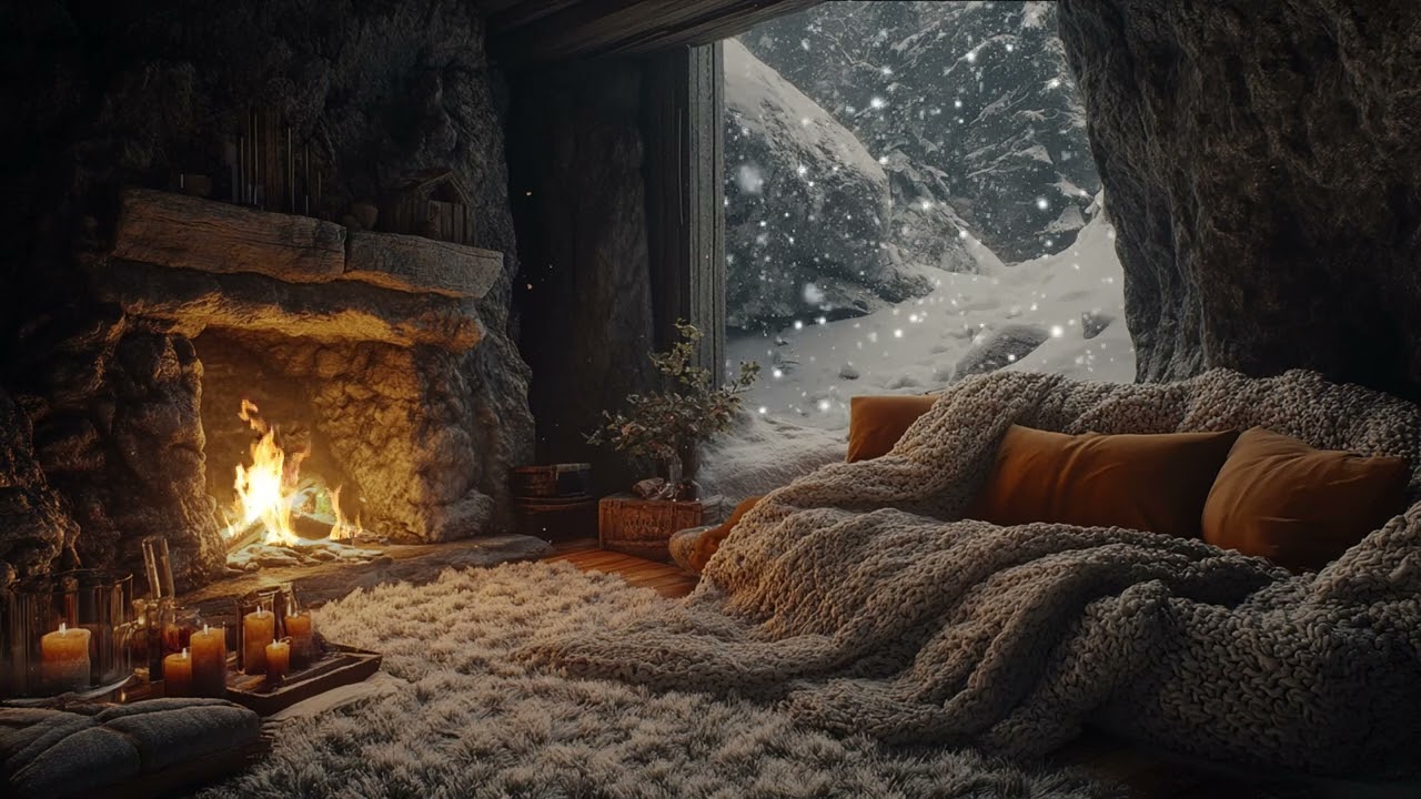 Snow Wind Ambience with Crackling Fire in a Cave for Stress Relief and Relaxation