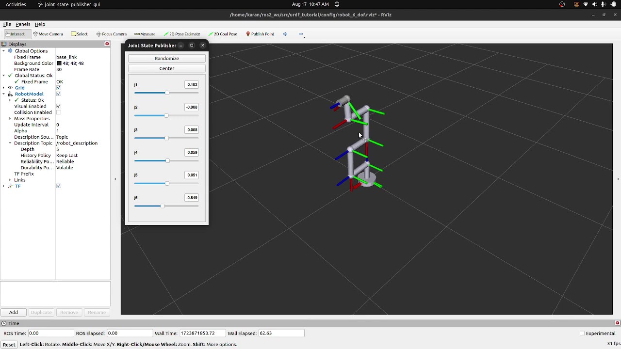 6-Axis Robotic Manipulator URDF:  Simulation in ROS 2 Humble