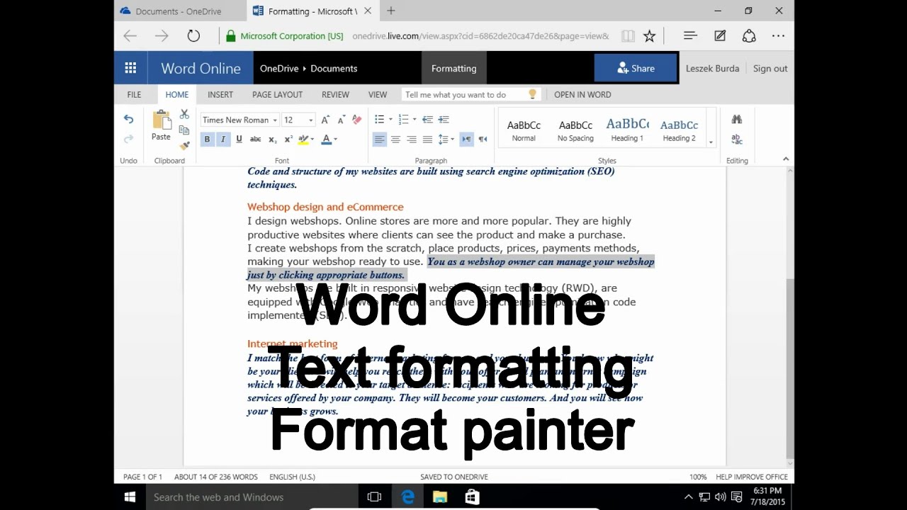 Word Online 2. Text formatting and format painter