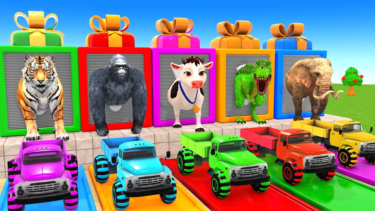 Long Slide Game With Elephant Gorilla Buffalo Hippopotamus Tiger - 3d Animal Game - Funny 3d Animals