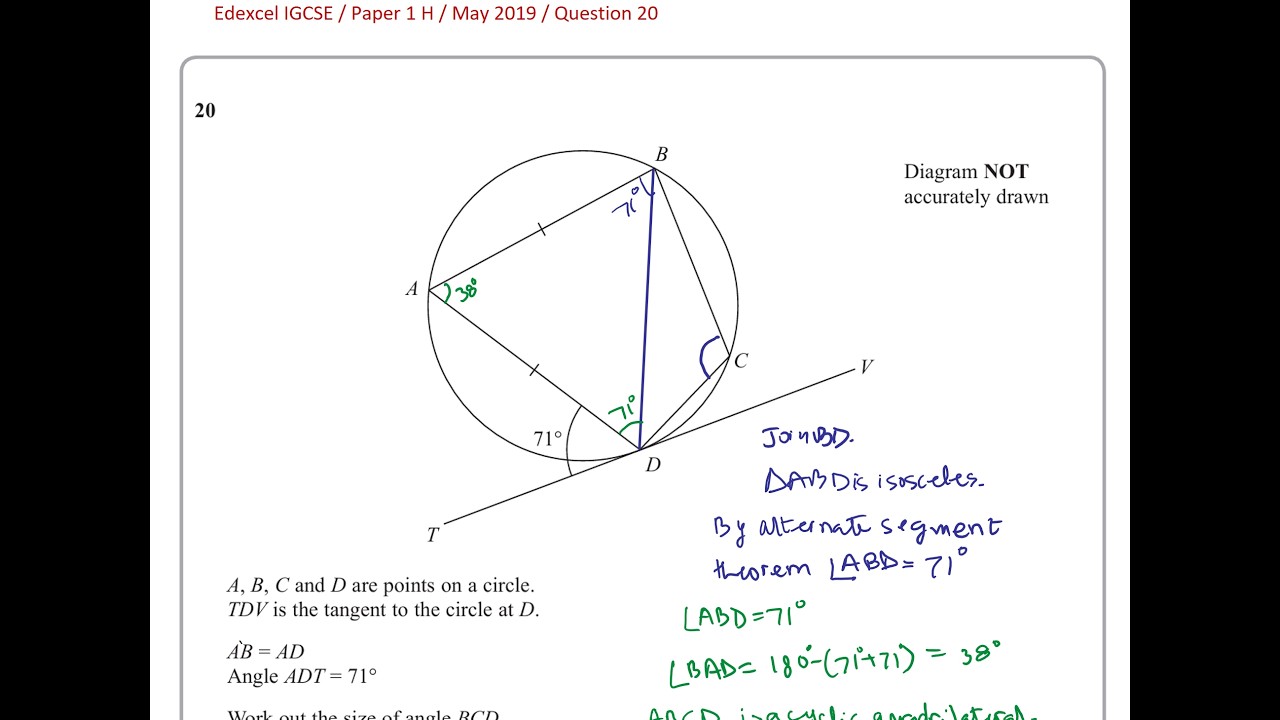 Edexcel IGCSE / Paper 1H / May 2029 / Question 20 / Circle Theorems / Finding Angles