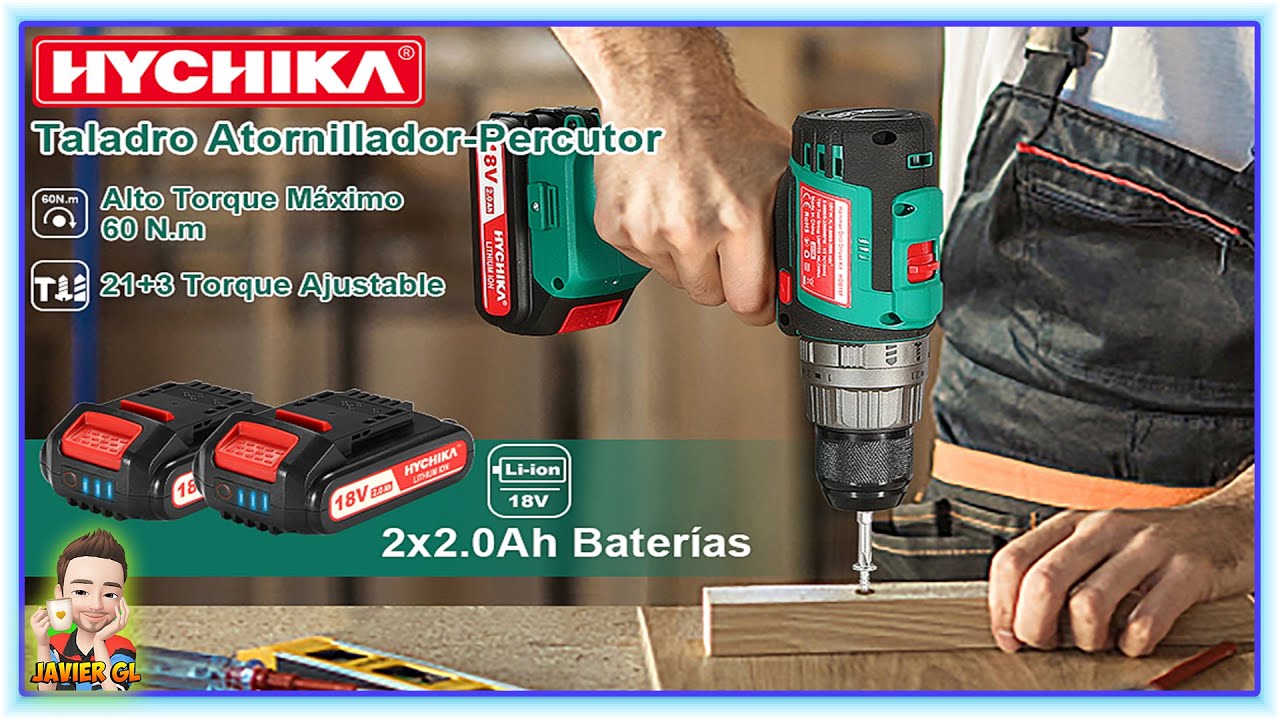 Taladro Atornillador Brushless 18V 🗜 HYCHIKA 60Nm 🛠 Taladro Inalámbrico con 2 Baterías  2.0 Ah