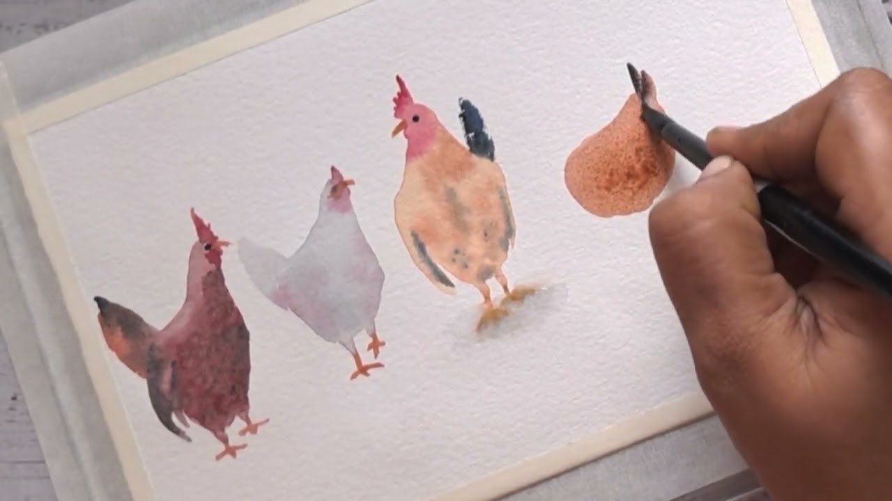 Easy hen and rooster watercolor painting tutorial for beginners