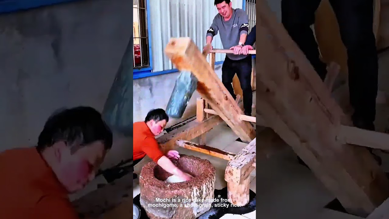 Japanese traditional process rice pounded into chewy mochi