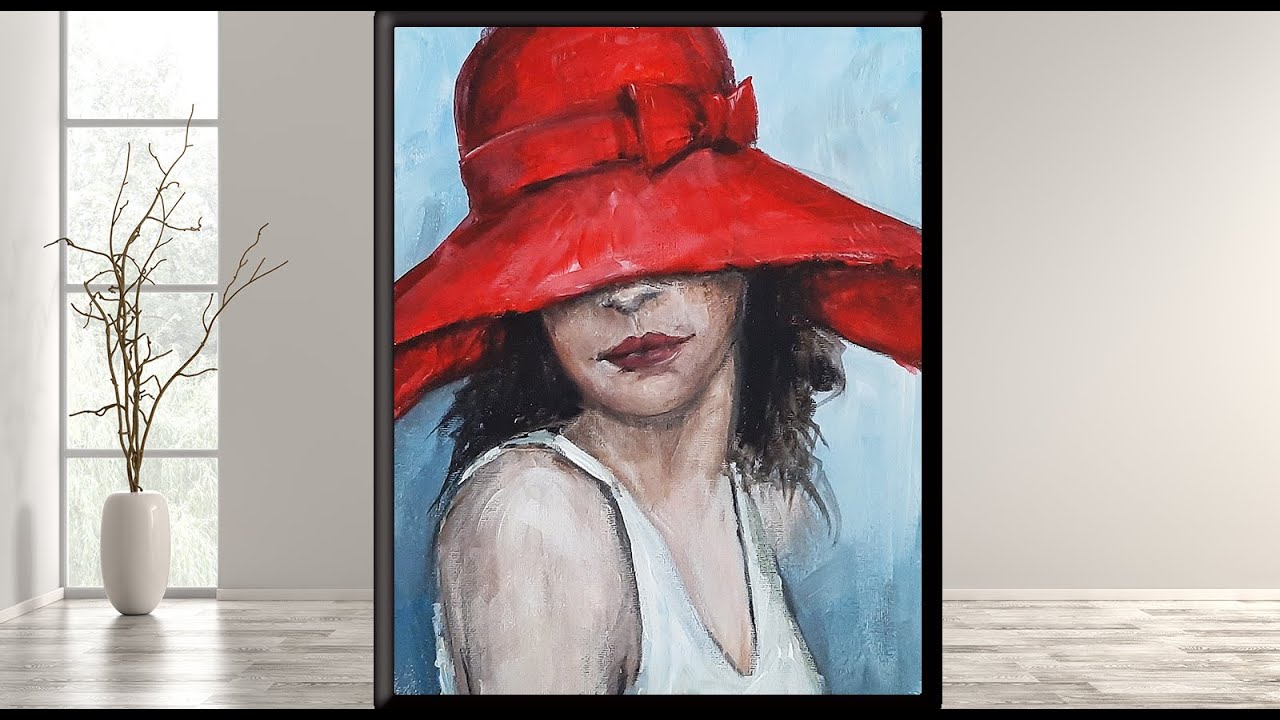 Lady in Red Hat /Acrylic /Step by Step Acrylic Painting on Canvas /MariArtHome
