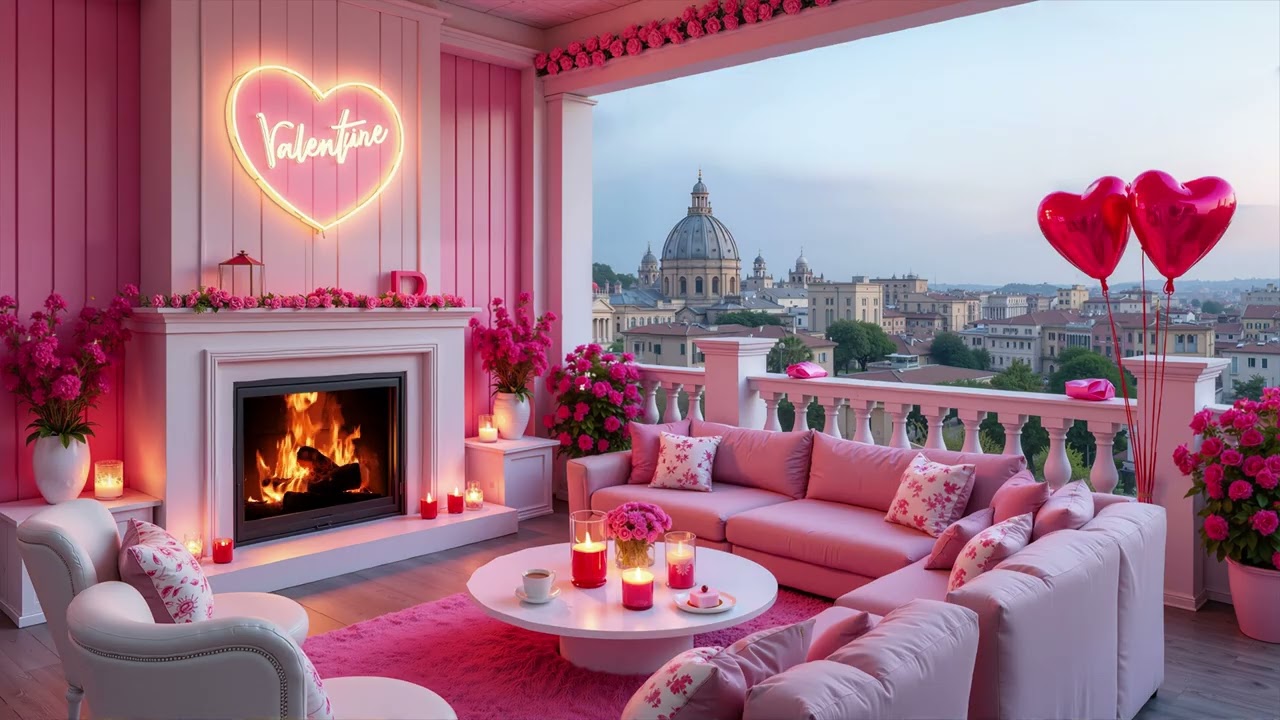 Valentine’s Pink Fireplace Room 💖 Calm Piano Melodies to Ease Stress & Sleep Deeply