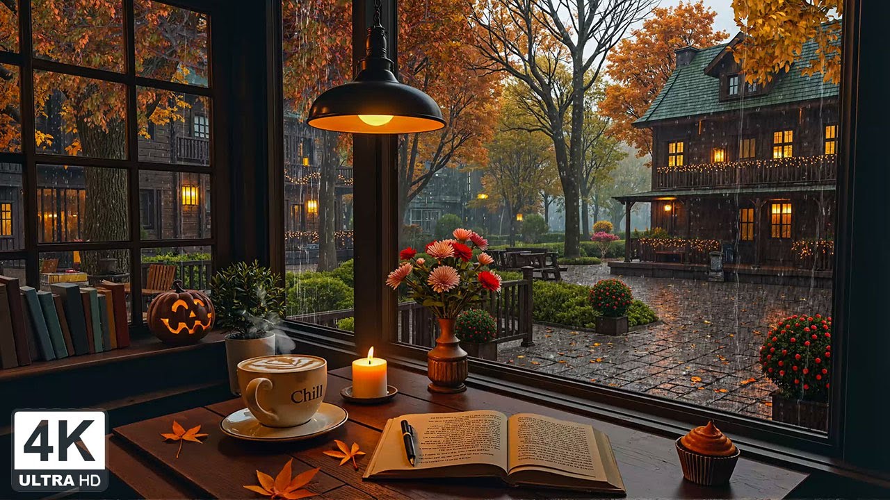 Warm Autumn Rain Nights by the Window 🍂 Gentle Jazz & Cozy Caf&eacute; Ambience for Study, Work & Relax
