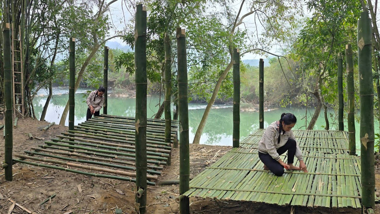 With her small hands, Little Anh built a sturdy bamboo floor to protect her pets from wild animals.