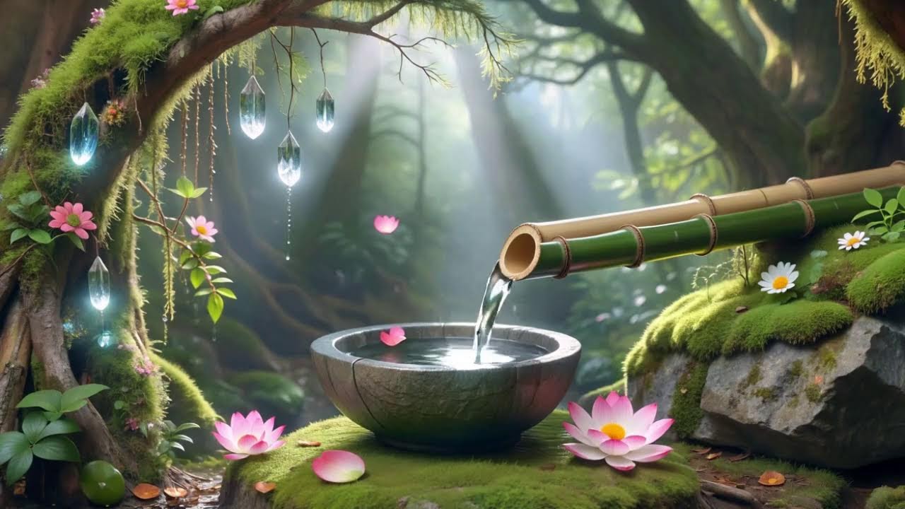 Bamboo Water Flow & Piano Music for Stress Relief, Sleep and Spa