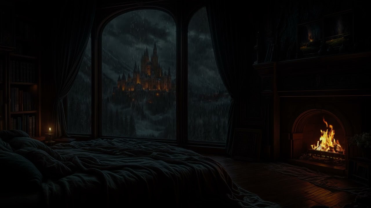 Rainy Night in a Dark Castle Room 🕯️ Fireplace & Rain Sounds for Sleep | Dark Academia Ambience
