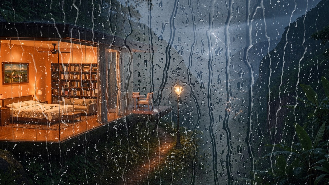 Sleep on the Cliff in Heavy Rain • Glass Villa Night Ambience  #rainsounds #sleepambience #heavyrain