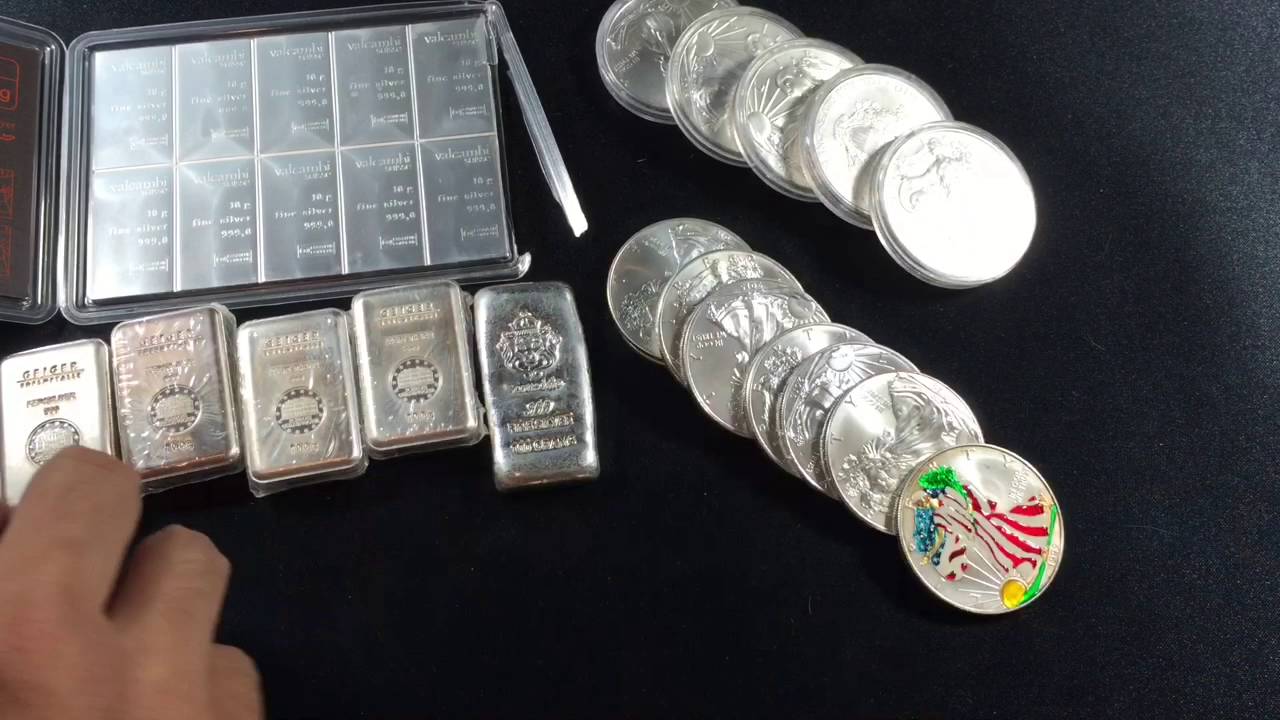 Silver: Sigma PMV, Silver Eagles, Geiger 100g, and Valcambi 10x10g Combi bar