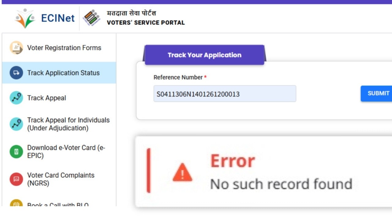 Voter Card Status Check No such record found