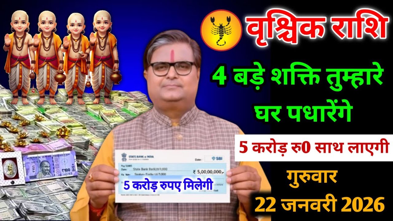 वृश्चिक राशि।। 22 जनवरी 2026। 4 बड़े शक्ति तुम्हारे घर पधारेंगे, 5 करोड़ रु0 साथ लाएगी। देखो जल्दी 