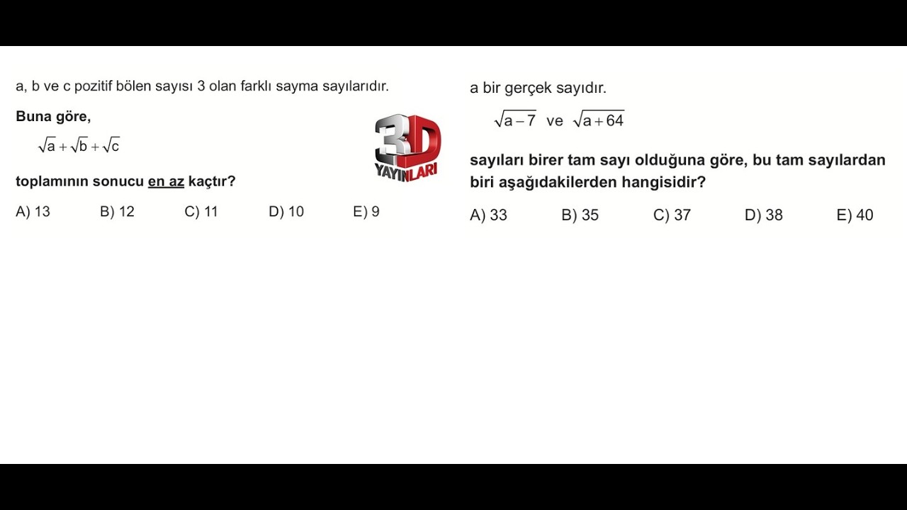 İKİ GÜZEL KÖKLÜ SAYI SORUSU 3D YAYINLARI